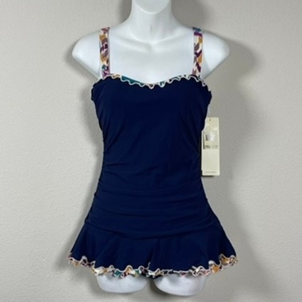 Gottex Swimdress Womens 8D Navy Blue New Ruched Ruffle D-Cup E24112D18 Designer